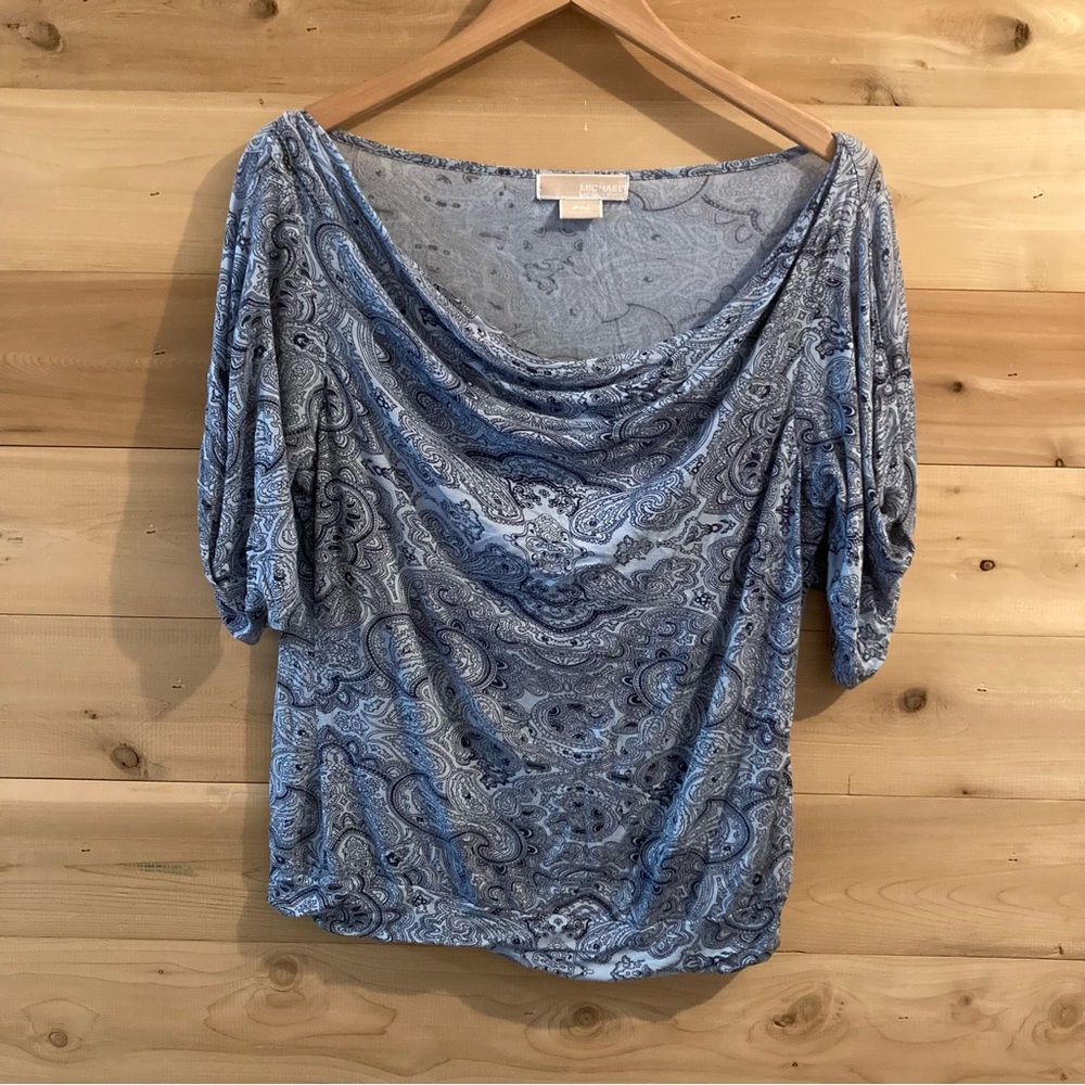 Michael Kors blue paisley cowl neck short sleeve shirt